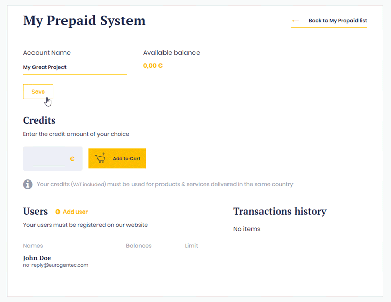 To delete an existing prepaid account, click on the “Delete” button.